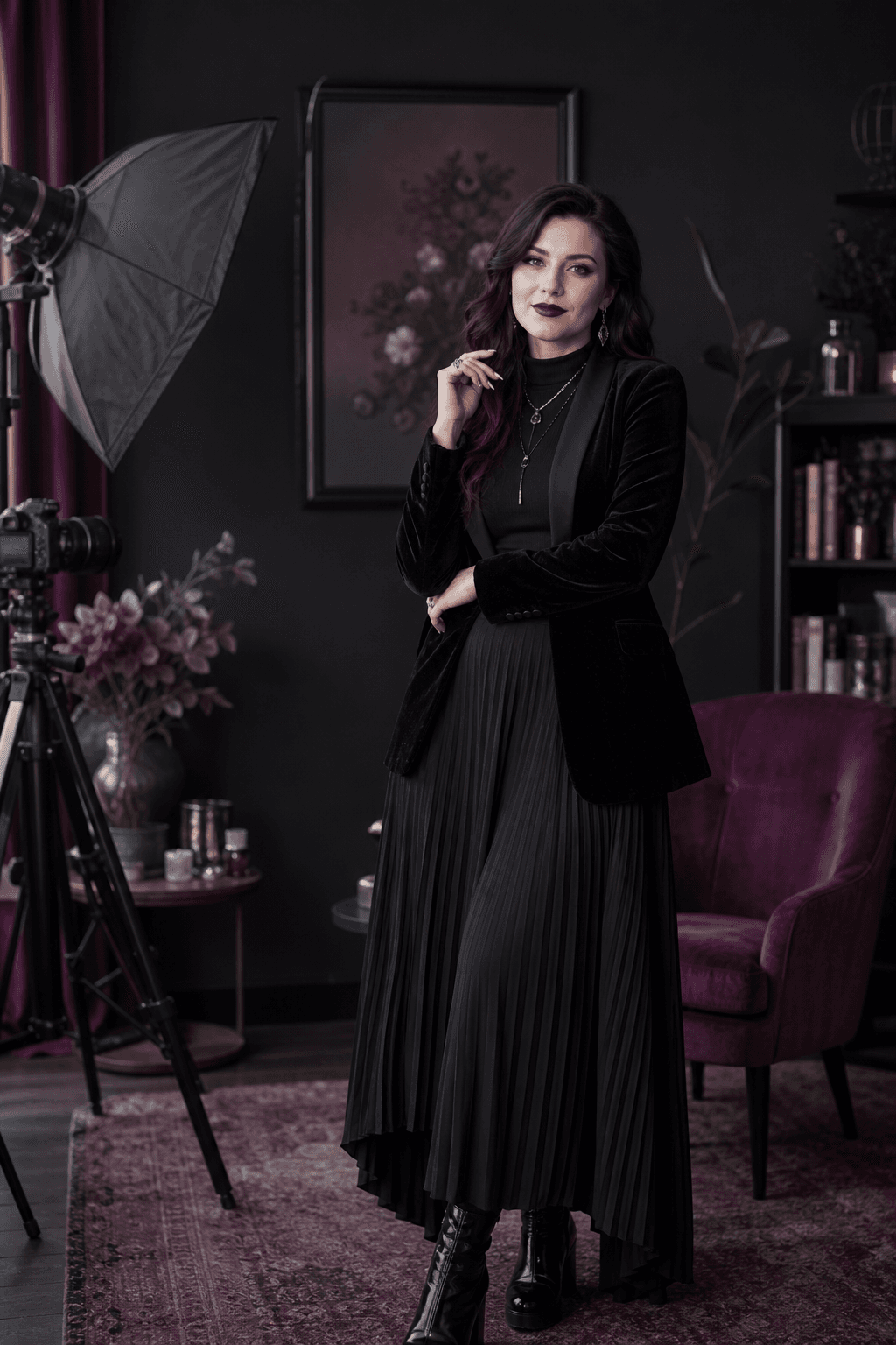 Criadora goth adulta em estúdio editorial escuro, com câmera e iluminação profissional.