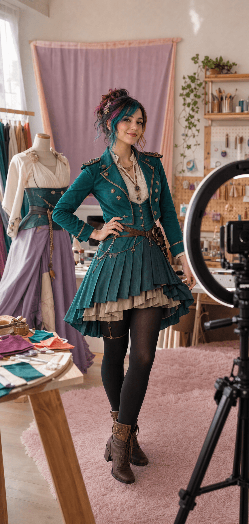 Criadora adulta de cosplay original em estúdio de figurino e produção de conteúdo.