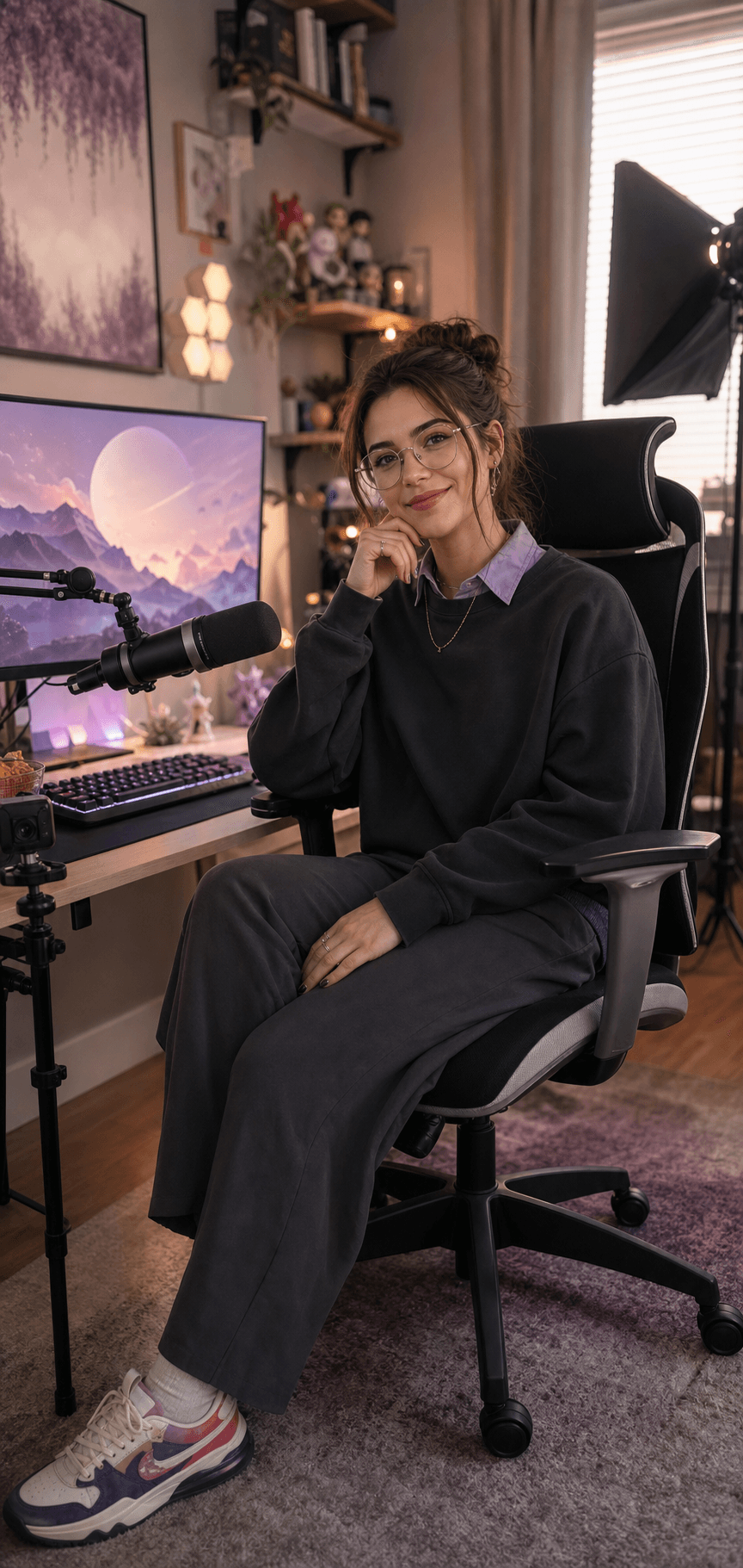 Criadora nerdy adulta em setup de streaming e criação de conteúdo, totalmente vestida.